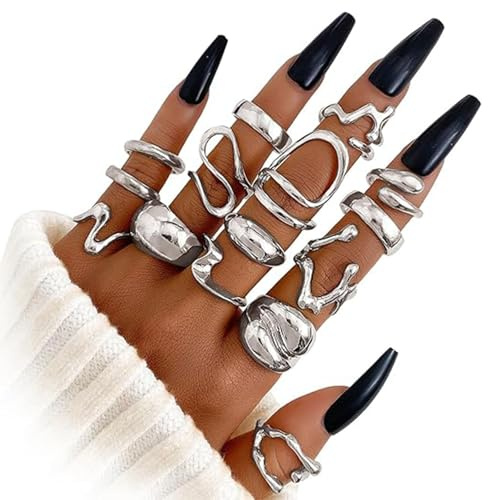 BelleVive 15 silver tjocka ringar set för kvinnor 14k guldpläterad tjock kupol stapelbara öppna ringar delikat minimalistisk smyckesgåva silver