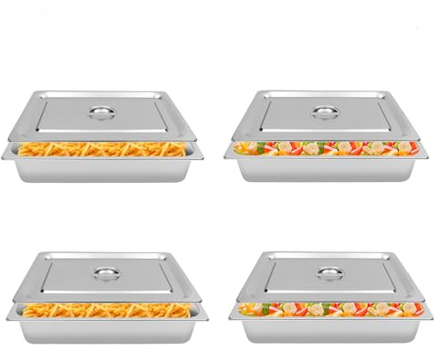 4 contenitori in acciaio inox con coperchio, 9 l, con coperchio, in acciaio inox con coperchio per alimenti, impilabili, grande capacità (53,5 x 32,5 x 10 cm), per ristoranti, buffet, catering