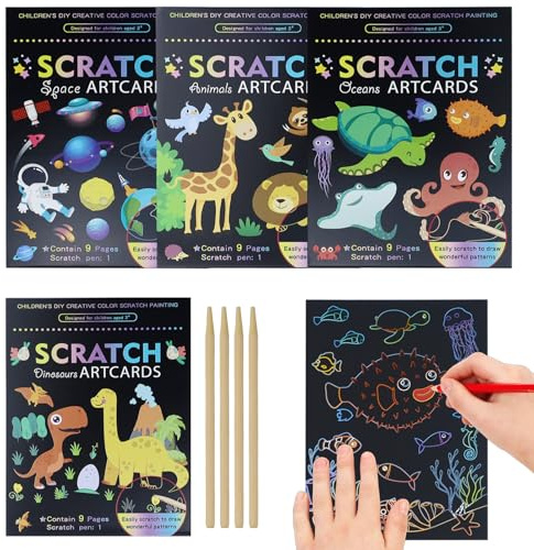 PATRICKWHITE 4 Satz Kratzbilder für Kinder 18,5 * 13,5 cm Regenbogen Kratzpapier Kratzbuch Scratch Book Kratzpapier Set mit Buntem Farbverlauf und Kratzstift, Dinosaurier, Weltraum, Ozeane, Tier