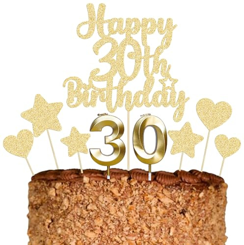 Gyufise 15Pcs Happy 30th Birthday Cake Topper Set with Heart Star Glitter Cheers to 30 Years Cake Picks Number 30 Candles Cake Decorations for Happy 30th Birthday Anniversary Party Supplies Gold