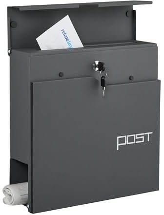 Relaxdays Briefkasten mit modernem Design, Metall, 4 Schlüssel, Mit Zeitungsfach, HxBxT: ca. 38 x 37 x 12 cm, anthrazit