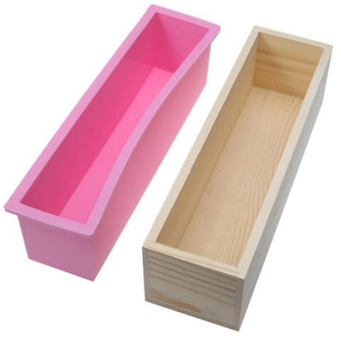HOMSFOU Stampo Sapone Flessibile Rettangolare in Silicone Con Scatola Di Legno Resistente Fino Antiadesivo e Facile Da Smontare Per Sapone Dolci e Pane Te Piccolo