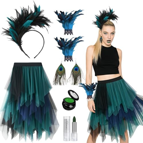 Henjunu Pfauen Kostüm Damen, Pfau Rock Damen mit Feder Manschetten, Ohrringe, PFau Haarschmuck, Tüllrock Grün Lang, Pfauenfedern, zum Karneval Halloween Mottoparty Cosplay