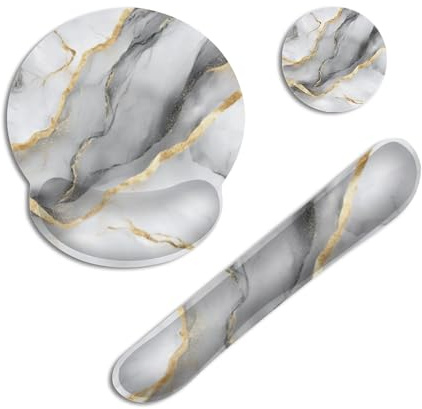 Marble Keyboard Wrist Rest Pad Mouse Pad Set,Gray Gold Flowing Marble 3-in-1 Ergonomic Memory Foam Non-Slip Base for Women, Office, Typing, Gaming and Home Computer