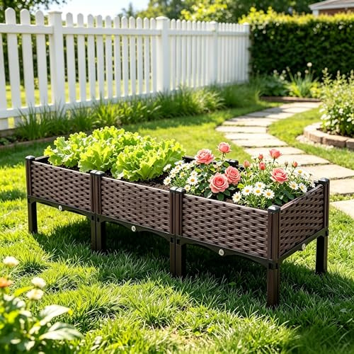 Raised Beds for Garden, 120x40x37cm Raised Garden Bed with Legs & Drainage | Self Watering Plastic Elevated Planter Box Outdoor for Vegetables, Herbs, Flowers, PP Plastic, Easy Assembly