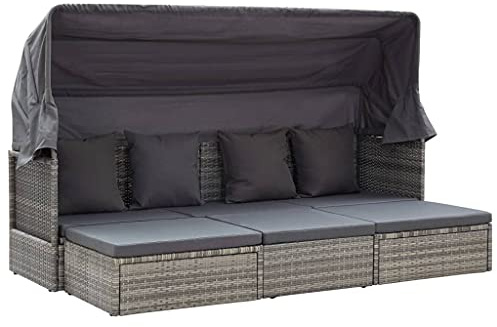 FMPGJLYH Chaise longue de jardin avec table pliante et toit, chaise longue en rotin synthétique pour terrasse et piscine, gris