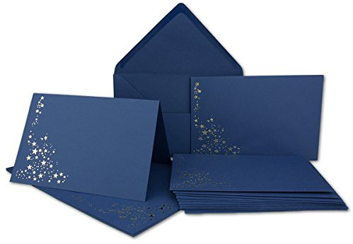 20x Faltkarten-Set mit Umschlägen DIN B6 - Dunkelblau (Blau) mit goldenen Metallic Sternen - 11,5 x 17 cm - bedruckbar - Ideal für Weihnachtskarten