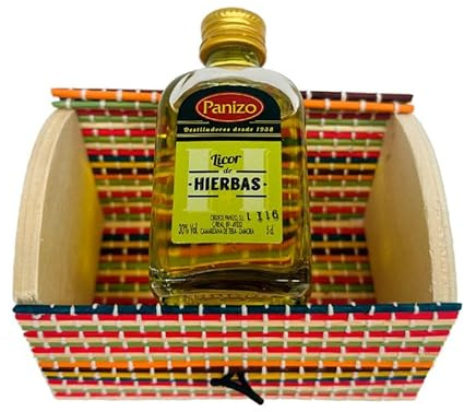 Baúl de madera multicolor con miniatura licor de hierbas de Panizo (Pack 24 ud)