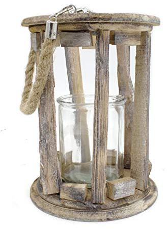 DARO DEKO Holz-Laterne mit Kerzenglas und Seil-Griff S - Ø 14 x 19cm