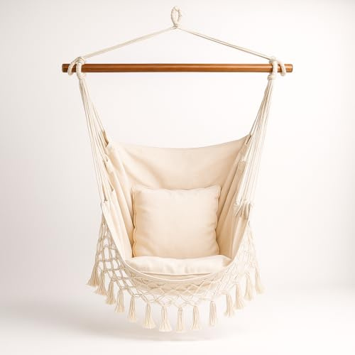 SPRINGOS Hamaca de tela colgante con barra de expansión, 130 x 100 cm, con flecos, cojín