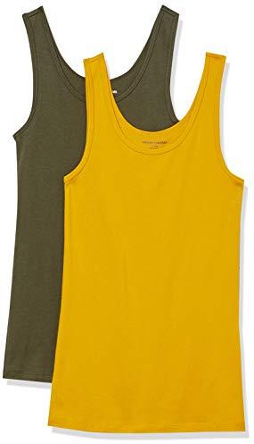 Amazon Essentials Camiseta de Tirantes de Ajuste Entallado Mujer, Pack de 2, Dorado/Verde Oliva Oscuro, L