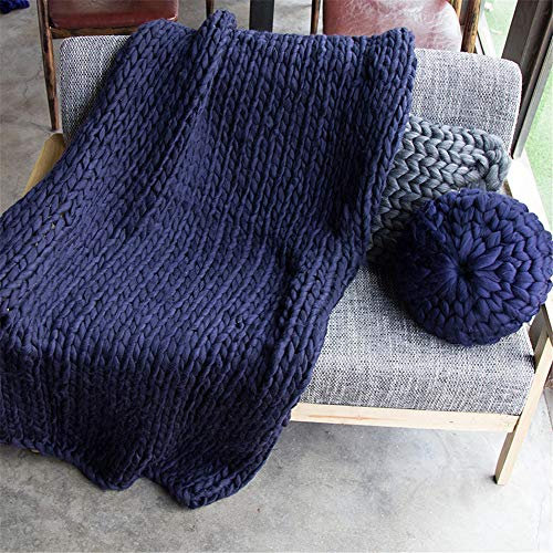 Gestrickte Decke Grobe Strickdecke Wolle Garn Arm Stricken werfen Super Große Klobige Wolldecke handgewebte Decke Haustier Bett Stuhl Sofa (Marine,100x120cm)