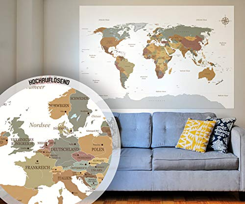 Poster Weltkarte als XXL Wand-Poster in Deutsch 210x140 groß in weiß - Perfekte Großformat Deko für die Wand als Atlas Map Geograpfie Weltkugel