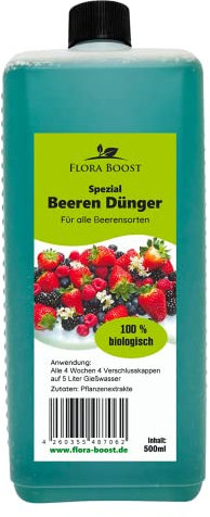 Konfitee Beeren Dünger Flora Boost 500ml I Für bis zu 100L Gießwasser I Obst Dünger für alle Beeren Sorten geeignet I Flüssiger Blatt- & Wurzeldünger I 100% natürlicher Pflanzendünger