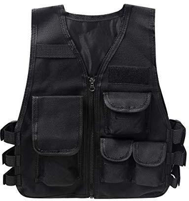 YEAHDOR Gilet Tattico Camuffamento da Bambino Giacca Mimetica con Multi Tasche per Gioco CS Gilet da Pesca Allenamento Esercito Combattimento Giubbotto Giochi all'Aperto Nero M