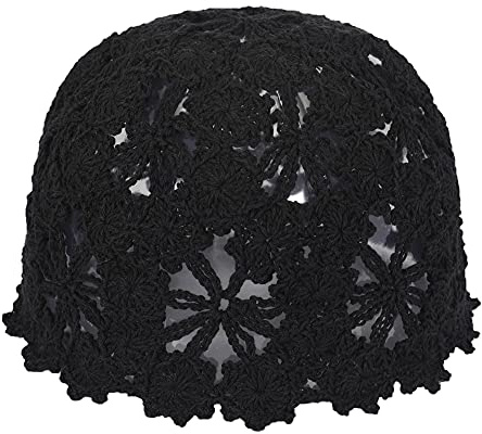 ZLYC Damen-Beanie-Mütze aus Baumwolle, gehäkelt, handgefertigt, gestrickt, mit Cutout, Blumenmuster, Einfarbig. Schwarz, EinheitsgröÃŸe