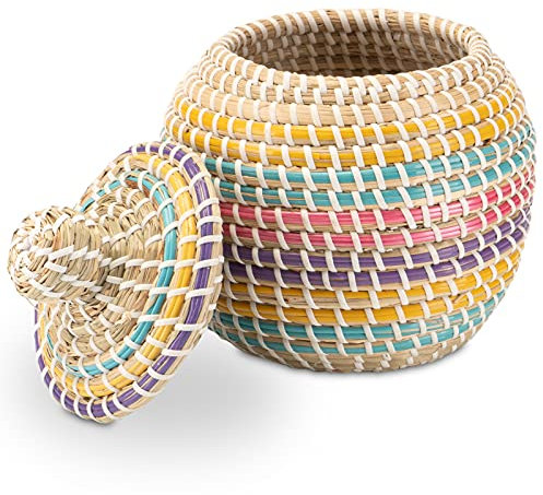 Decorasian Contenitore con coperchio, intrecciato in vaso di erba marina, colorato – 20 cm di diametro