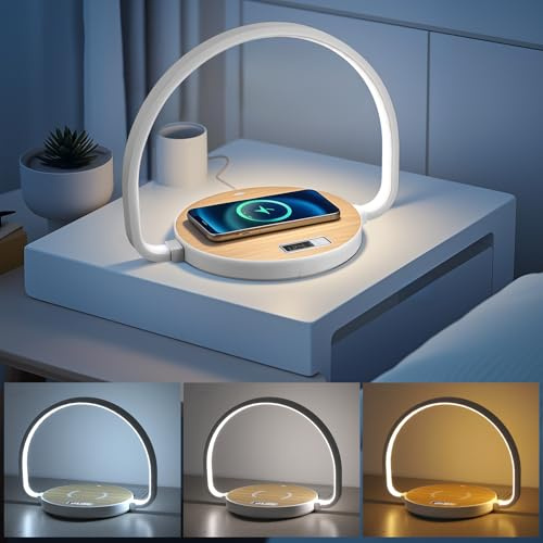 Touch Lamp with Clock Function COLORLAM LED Desk Lamp with Wireless Charger & USB Charge Port Touch Control Bedside Lamp 3 Color Temperatures Dimmable Night Light for Kids Adult Home Bedroom Office
