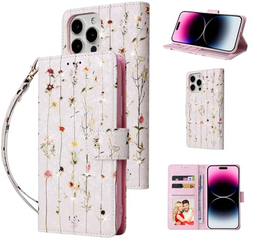 UEEBAI Wallet Case for iPhone 13 Pro 6.1 inch, PU Leather Phone Case Kickstand RFID Blocking Flip Case with Card Slots Wrist Strap Relief Engraved Pattern Magnetic Closure Folio Case - Vine