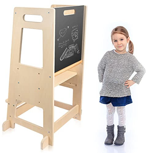 Torre di apprendimento Montessori 3 in 1 per bambini, sgabello regolabile in legno con lavagna, torre di osservazione con piedini antiribaltamento per bambini da 1 anno in su fino a 80 kg