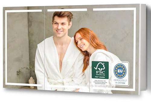 HAPA Design Premium Spiegelschrank-Bad-mit-Beleuchtung 120cm. Einfache Montage, in der EU gefertigt, gleichmäßige helle LED-Beleuchtung, Scharniere schwarz, Steckdose, Unterputz Montage möglich.