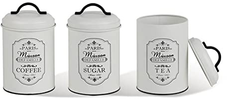 Maestro MR-1771-3CS Paris Lot de 3 Boîtes de Conservation en Métal pour Sucre, Café, Thé - Boîtes de Rangement Blanc/Noir Ø 11,3 x 18,5 cm