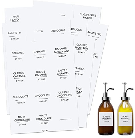 AIEX Kaffee Sirup Etiketten, 84 Stück Wasserfeste weiße Minimalistische Kaffee Sirup Aufkleber Syrup Label für Flaschen Kaffeebar-Behälter Spenderorganisation