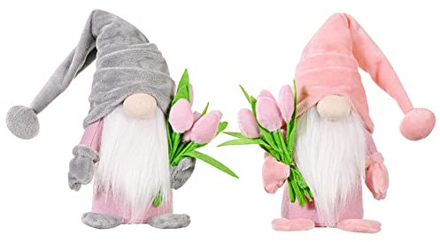 ENLACE Frühling Wichtel mit Tulpen Blumensträuße, Muttertag Wichtel, Handgefertigte Frühlingsdeko Puppe Zwerg Dekorationen, für Freundin Mama Hochzeitstag Muttertag, 2 Stück