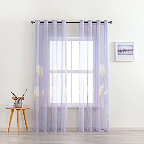 KEKUYA 2 Stück Sheer Vorhänge Lässige Vorhang Mit Ösen,Luftig Dekoschal für Wohnzimmer Schlafzimmer Stores Küche - (B168 x H183cm) Lila Tulpe