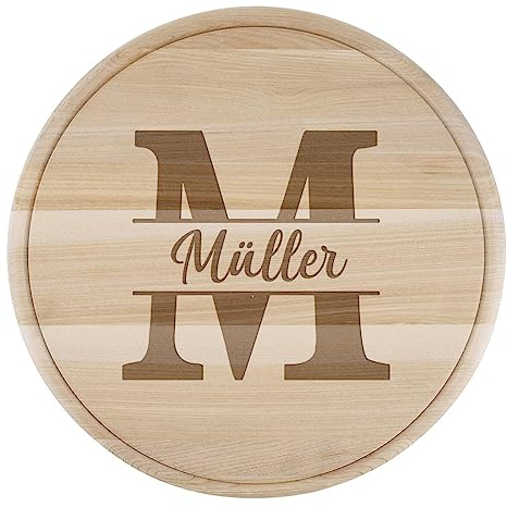 Herz & Heim® Rundes Servierbrett mit Gravur/Schneidebrettchen mit Saftrille Initiale & Name