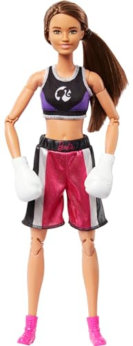 Barbie Made to Move Puppe und Accessoires, brünette Boxerin mit abnehmbarem Sportdress mit Boxhandschuhen, 22 bewegliche Gelenke, HRG40