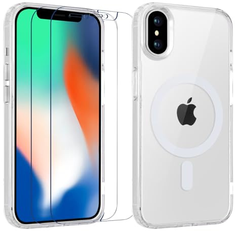Yoedge Magnetisch Handyhülle für iPhone X/XS 5.8 '' Hülle mit 2 Stück Schutzfolie Schutzglas,Klare Schutzhülle [Kompatibel mit MagSafe], TPU Stoßfeste Silikon Transparent Hülle für iPhone X/XS