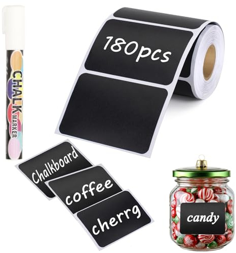 NANXJIUR 180 Pcs Chalkboard Labels, Reusable Blackboard Stickers with 1 Liquid Chalk Marker, Waterproof Chalkboard Stickers for Mason Jars, Parties Decoration, Craft Rooms, Bottle, Office Organize
