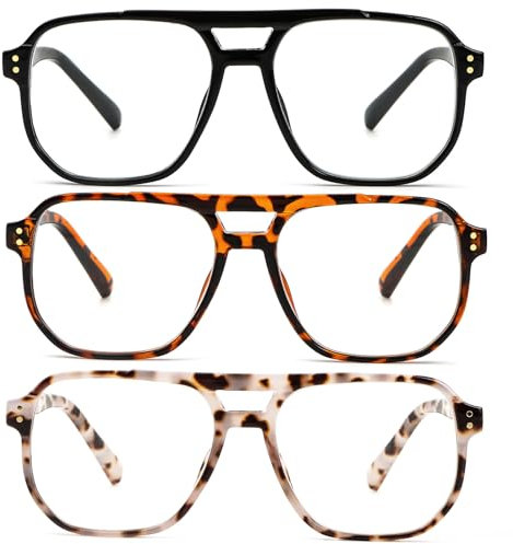 KoKoBin 3 Pack Oversize Volo Cerniera a molla Vintage Occhiali da lettura da uomo e da donna Quadrato Anti Luce Blu Computer Reader (Confezione da 3, 2, Diottria)