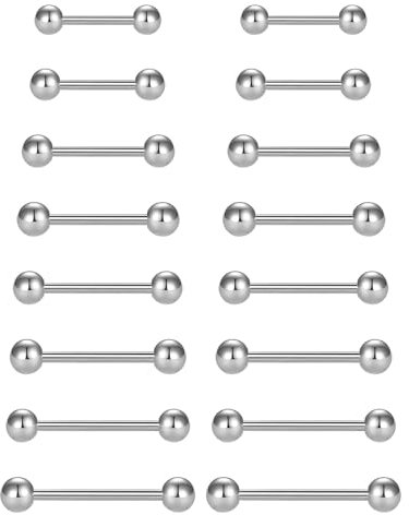 ZAMXHUG Barbells - 16 pcs Brustwarzenpiercing Zungenpiercing 14G Chirurgenstahl Straight Barbells Zungenring Nippel Shield Ring Piercing Schmuck Stab,8 Größen,Geeignet für Männer und Frauen
