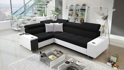 All4All Ecksofa mit Schlaffunktion Margo II 283x207 cm - Schlafsofa mit Bettkasten - Sofa in L-Form - für 4 Personen - Seite Links - Gewebe mit Kunstleder - Schwarz/Weiß - Modern 26