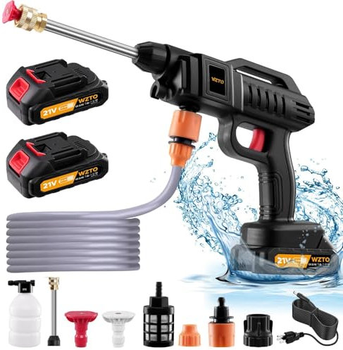 1500W Cordless Pressure Washer, 21V Handheld Washer Kit, High Pressure Washers for Car Fence Floor Gardening Cleaning, Cordless Power Washer with 2 Nozzles, 16.5ft Hose, 2 Rechargeable Batteries