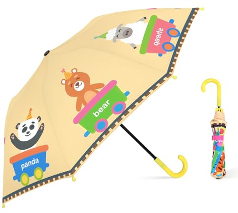 decalsweet Parapluie Enfant avec Housse, Coupe-vent et Durable Parapluie pour Filles Garçons, Facile à Transporter Parapluie Pliant Enfant, Parapluie Canne avec un Motif Mignon (Animal Train)