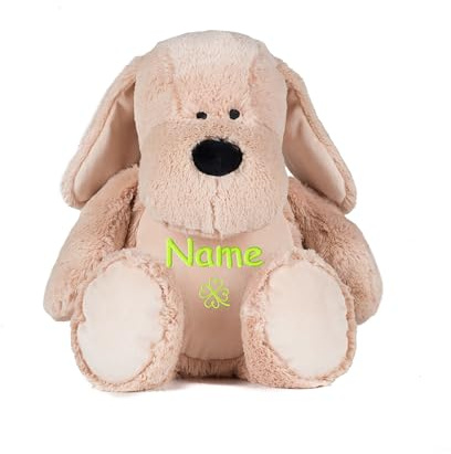 Schnoschi Kuscheltier mit Namen oder Initialen Bestickt, personalisiertes Stofftier, individuelles Schmusetier mit Wunschnamen (Hund)