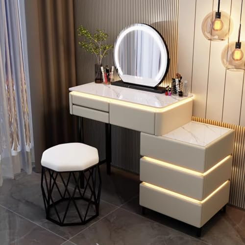 Moderner Schminktisch mit Spiegelleuchten und Aufbewahrung, Bauernhaus-Stil, Make-up-Set mit 3 Schubladen und Beistellschrank, verstellbare Farbe und Helligkeit, für Mädchen und Frauen, Khaki, 80 x 40