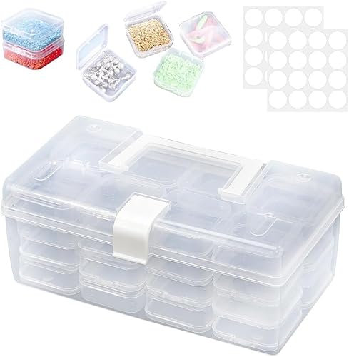 KYYGKY Boite Rangement Plastique Compartiment, Boîte de Rangement de Perles avec 32 Grilles Boîte à Bijoux Transparente Boîtes de Tri avec 2 Autocollants pour Bijoux, Strass, Vis, Petits Objets