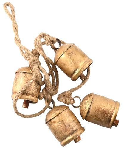 ZIG ZAG Vintage Gold Cluster Cow Bells on Rope (Pack of 4) Handmade Harmony Rustic Bells for Hanging Decor for Wall, Bedroom, Living Room, Door, or Christmas Tree Crafts - 4-Inch, Gold