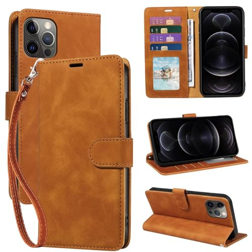 GOTOURED for iPhone 12/12 Pro Case Wallet with 4 Card Slots & Strap (Brown) | PU leather flip cover, RFID blocking, magnetic closure, shockproof protection, folio design, kickstand, phone case