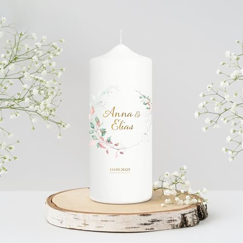 Wandtattoo Loft Hochzeitskerze personalisiert mit Namen und Datum, Motiv mit Kranz aus altrosa und grünen Blättern, 18cm x 7cm, personalisierte Gastkerze, Hochzeit Kerze selbst gestalten,