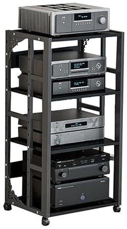 HiFi-Regal mit 4 Etagen, AV-Regal mit Hochtemperatur-Lackierung, Stahlrahmen, Medienständer für CD-DVD-Player, mobiles Mehrzweck-Aufbewahrungsregal für Zuhause und Büro