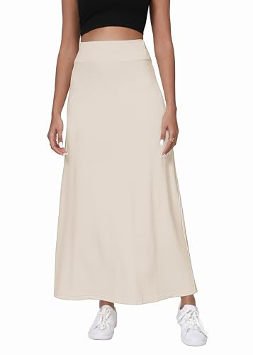 EXCHIC Donne comodità Addensato A Linea Vita Alta Maxi Gonna Elastici Maglia Lunghe Gonne(S, Beige)