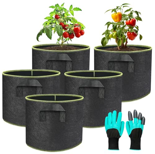 5 Pack Bolsa de Cultivo con Asas, Ø40x30cm - Maceta de tela 38L, Bolsas de Tela no Tejida para Plantas, Patatas, Tomates, Zanahoria, Flores, Guantes de Jardinería, Reutilizable y Lavable (7 Galones)