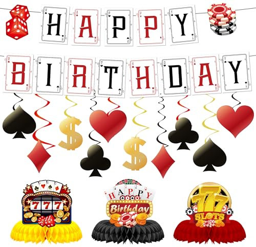 Casino-Themenparty-Dekorationsset – 15 Stück schwarz und gold Geburtstagsdekoration inklusive Poker Happy Birthday Banner Spaten hängende Wirbel Würfel Waben Mittelstück für Vegas Party Dekorationen