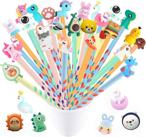 VEYLIN 30Pcs Pencils with Rubbers Triangular Pencils Carton Wooden Lead Pencil Set for Kids Party Bag Fillers Animal Pens for School Class Gifts（Random style）