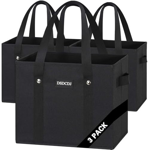 DSDCDJ® Lot de 3 sacs de courses pliables - Panier à provisions solide pliable avec anse et semelle rigide - Sac de courses idéal pour chariot de courses et coffre, Noir